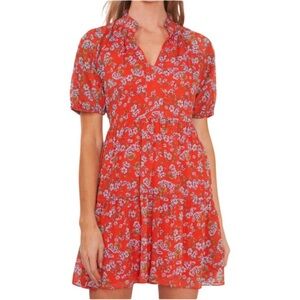 CeCe Short Puff Sleeve Tiered Dress Split Neck Floral Red Blue Size L